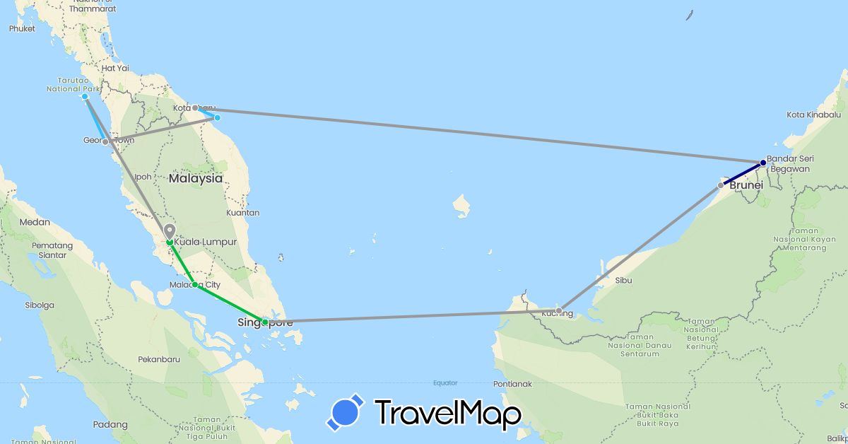 TravelMap itinerary: driving, bus, plane, boat in Brunei, Malaysia, Singapore (Asia)